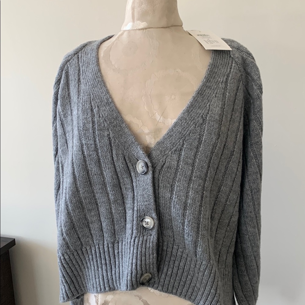 Gray Ribbed Cardigan Sweater
